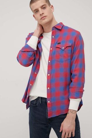 Bavlněné tričko Lee pánská, červená barva, regular, s klasickým límcem
