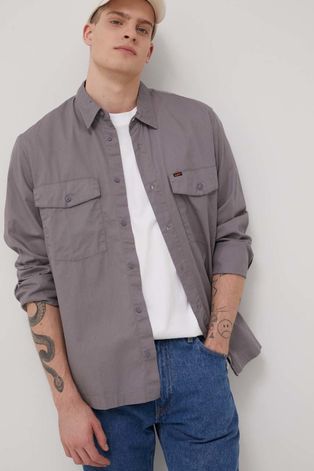Bavlněné tričko Lee pánská, šedá barva, regular, s klasickým límcem