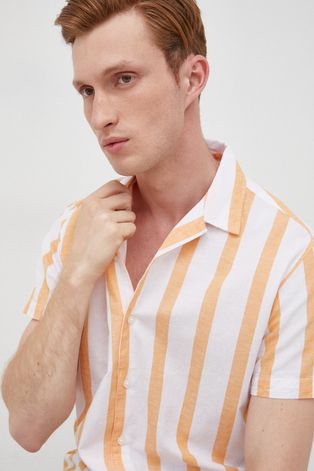 Selected Homme koszula z domieszką lnu męska kolor pomarańczowy regular