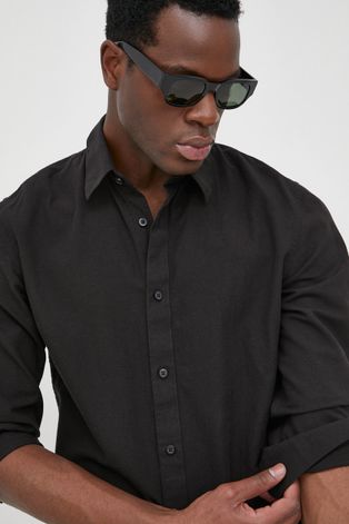 Košeľa s prímesou ľanu Selected Homme pánska, čierna farba, slim, s klasickým golierom