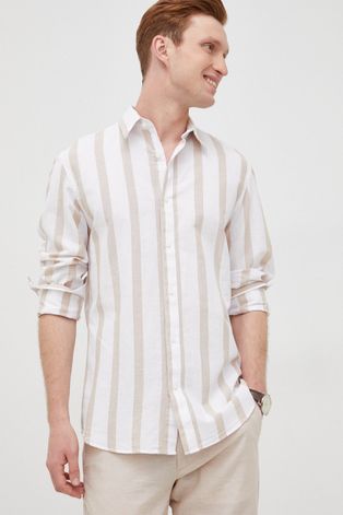 Košulja s dodatkom lana Selected Homme za muškarce, boja: bež, slim, s klasičnim ovratnikom