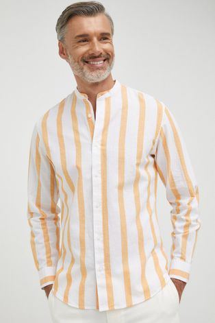 Selected Homme koszula z domieszką lnu męska kolor pomarańczowy slim ze stójką