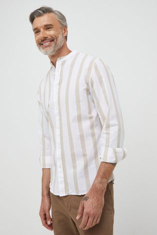 Selected Homme koszula z domieszką lnu męska kolor beżowy slim ze stójką