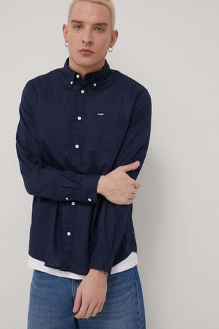 Βαμβακερό πουκάμισο Wrangler ανδρικό, χρώμα: ναυτικό μπλε,