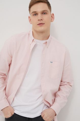 Bavlnená košeľa Wrangler pánska, ružová farba, regular, s golierom button-down