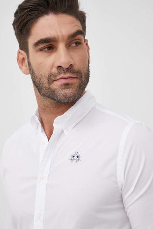 Риза La Martina мъжка в бяло с кройка по тялото с яка с копче