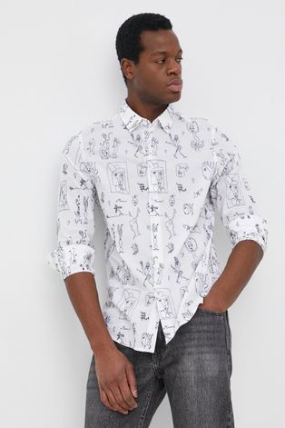 Bavlněné tričko Desigual pánská, bílá barva, regular, s klasickým límcem