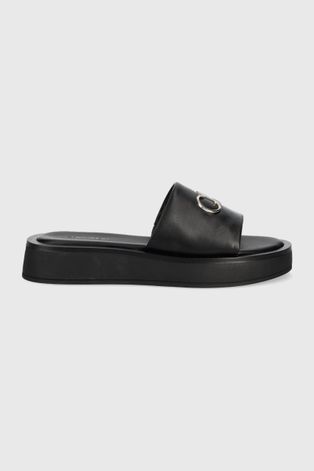Kožené pantofle Calvin Klein dámské, černá barva, na platformě