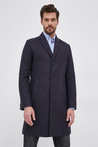 Vlnený kabát Hugo tmavomodrá farba, prechodný