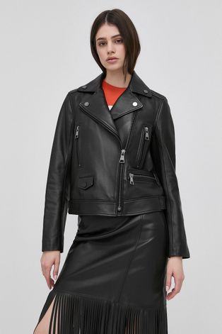 Kožená bunda Karl Lagerfeld dámska, čierna farba, prechodná,