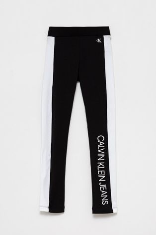 Detské legíny Calvin Klein Jeans čierna farba, s potlačou