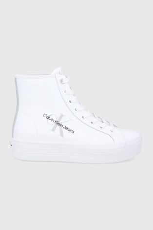 Kožená obuv Calvin Klein Jeans biela farba, na platforme