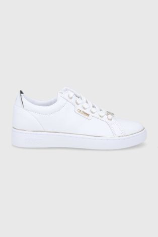 Kožené boty Guess bílá barva, na plochém podpatku