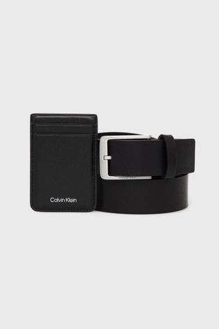 Колан и калъф за карти Calvin Klein в черно