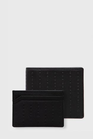 Kožená peněženka a držák na karty Hugo pánská, černá barva