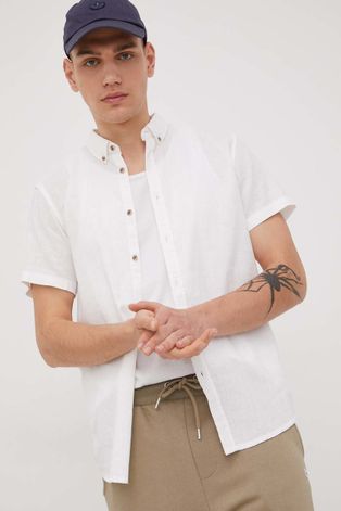 Ľanová košeľa Tom Tailor pánska, biela farba, slim, s golierom button-down