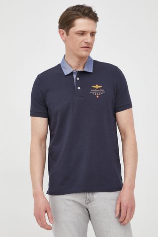 Тениска с яка Aeronautica Militare в тъмносиньо с принт