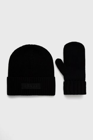 Шапка та рукавички з домішкою вовни Hugo колір чорний