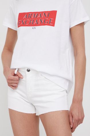 Rifľové krátke nohavice Armani Exchange dámske, biela farba, jednofarebné, stredne vysoký pás