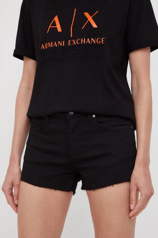 Rifľové krátke nohavice Armani Exchange dámske, čierna farba, jednofarebné, stredne vysoký pás