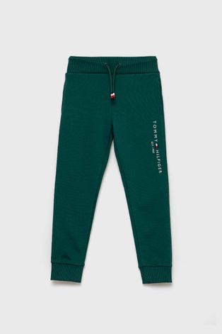 Детски памучен панталон Tommy Hilfiger в зелено с апликация