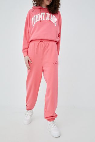 Tommy Jeans spodnie damskie kolor różowy gładkie