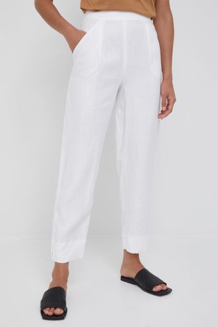 Emporio Armani pantaloni din in femei, culoarea alb, lat, high waist