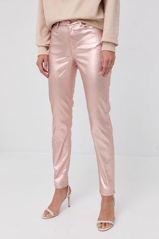 Guess Spodnie damskie kolor różowy dopasowane high waist