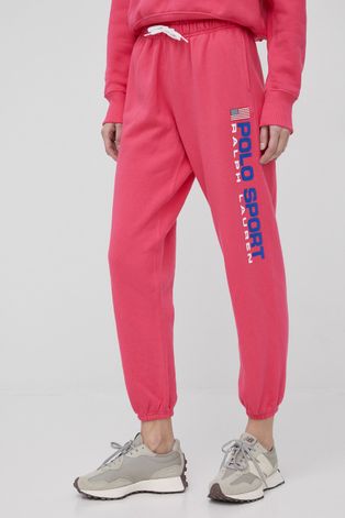 Polo Ralph Lauren pantaloni femei, culoarea roz, cu imprimeu