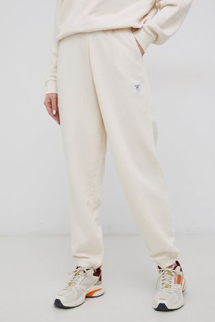 Памучен панталон Reebok Classic дамски в кремаво с изчистен дизайн