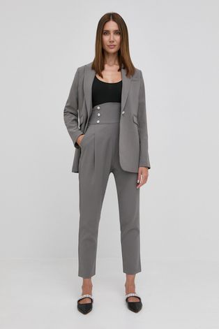 Панталони Custommade дамски в сиво със стандартна кройка, с висока талия