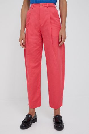 Памучен панталон Drykorn дамски в розово с широка каройка, с висока талия