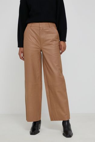 Kožne hlače Gestuz za žene, boja: bež, ravne, visoki struk