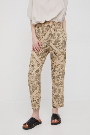 Sisley spodnie damskie kolor beżowy proste high waist