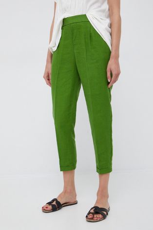 Ленен панталон United Colors of Benetton в зелено със стандартна кройка, с висока талия