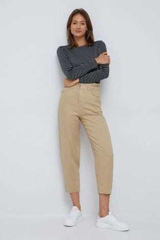 Plátěné kalhoty United Colors of Benetton dámské, béžová barva, jednoduché, high waist