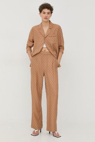 Bruuns Bazaar spodnie damskie kolor beżowy szerokie high waist