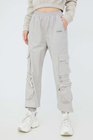 Памучен панталон Sixth June в сиво с кройка тип карго, с висока талия