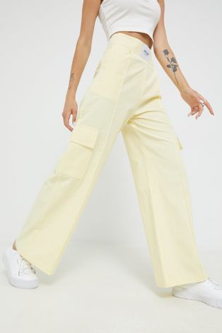 Pamučne hlače Sixth June za žene, boja: žuta, široke, visoki struk