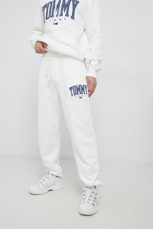 Kalhoty Tommy Jeans pánské, bílá barva, s aplikací