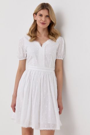 Pamučna haljina Guess boja: bijela, mini, širi se prema dolje