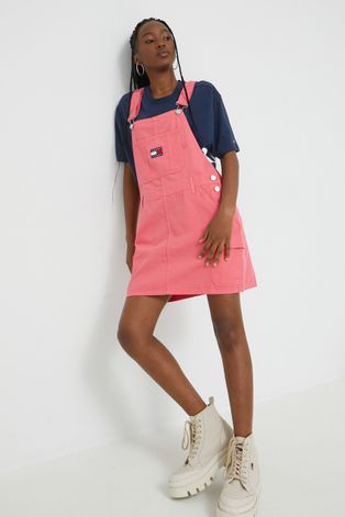 Bavlněné šaty Tommy Jeans růžová barva, mini
