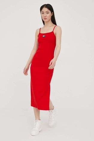 Tommy Jeans sukienka kolor czerwony midi dopasowana