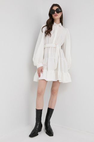 Ľanové šaty Bardot biela farba, mini, áčkový strih