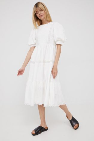Pamučna haljina Y.A.S boja: bijela, midi, širi se prema dolje