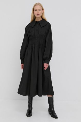 Памучна рокля Birgitte Herskind Freja в черно среднодълъг модел разкроен модел