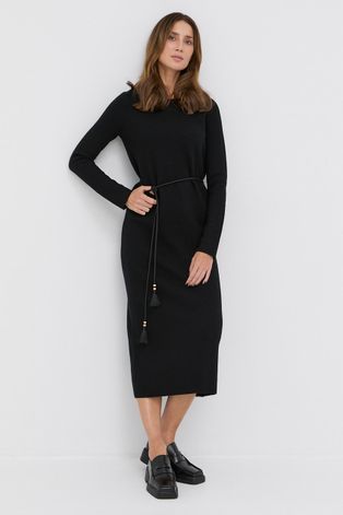 Вълнена рокля Tory Burch в черно среднодълъг модел със стандартна кройка