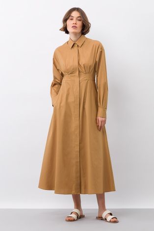 Ivy Oak sukienka bawełniana kolor beżowy midi rozkloszowana