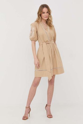 Pamučna haljina Twinset boja: bež, mini, širi se prema dolje