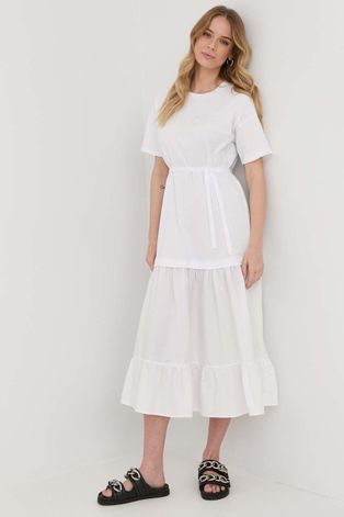 Bavlnené šaty Twinset biela farba, midi, áčkový strih